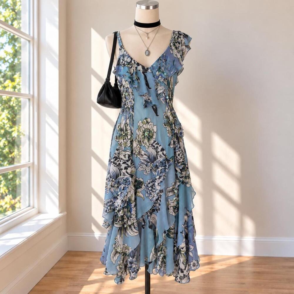 Beaded Asymmetrical Ruffle Floral Dress Romantic Y2K Fairy